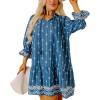 imagechouyatou Womens Floral Printed Ruffle Hem Babydoll Mini Dress Boho Loose Fit Beach Vacation Short DressBlue