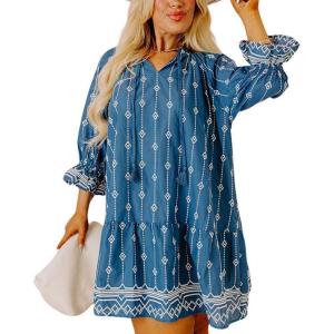 imagechouyatou Womens Floral Printed Ruffle Hem Babydoll Mini Dress Boho Loose Fit Beach Vacation Short DressBlue