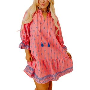 imagechouyatou Womens Floral Printed Ruffle Hem Babydoll Mini Dress Boho Loose Fit Beach Vacation Short DressPink