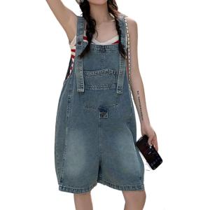 imagechouyatou Womens Summer Casual Loose Adjustable Straps Shorts Denim Overall Romper Bib Jeans ShortallsDark Blue