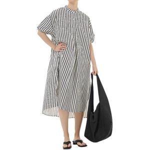 imagechouyatou Womens Summer Loose Fit Striped Midi Beach Dress Button Down Short Puff Sleeve Long Shirt DressBlue