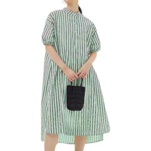 imagechouyatou Womens Summer Loose Fit Striped Midi Beach Dress Button Down Short Puff Sleeve Long Shirt DressGreen