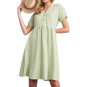 imagechouyatou Womens Summer Short Sleeve Midi Dress Casual Loose Notch VNeck Striped Short Tiered DressGreen