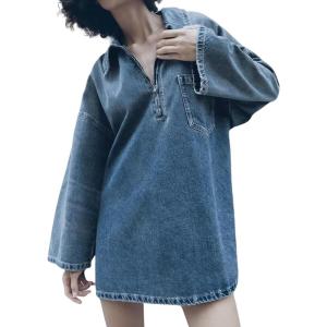 imagechouyatou Womens Y2k Lapel Collar 12 Zip Up Denim Shirt Dress Pullover Frayed Casual Mini Short Jean DressBlue