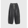 imagechouyatou Mens Wide Leg Baggy Denim Pants Drawstring Elastic Waist Y2k Street Cargo Jeans with PocketsGray
