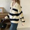 imagechouyatou Women Polo Collar 14 Button Color Block Striped Knit Loose Casual Pullover Sweater Jumper TopBeige
