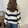 imagechouyatou Women Polo Collar 14 Button Color Block Striped Knit Loose Casual Pullover Sweater Jumper TopBeige