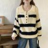 imagechouyatou Women Polo Collar 14 Button Color Block Striped Knit Loose Casual Pullover Sweater Jumper TopBeige
