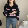 imagechouyatou Women Polo Collar 14 Button Color Block Striped Knit Loose Casual Pullover Sweater Jumper TopPink