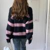 imagechouyatou Women Polo Collar 14 Button Color Block Striped Knit Loose Casual Pullover Sweater Jumper TopPink