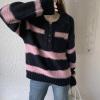 imagechouyatou Women Polo Collar 14 Button Color Block Striped Knit Loose Casual Pullover Sweater Jumper TopPink
