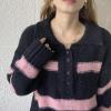 imagechouyatou Women Polo Collar 14 Button Color Block Striped Knit Loose Casual Pullover Sweater Jumper TopPink