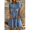 imagechouyatou Women Summer Casual Button Down Midi Denim Shirt Dress Cute Distressed Tiered Ruffle Jean DressDark Blue