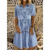 imagechouyatou Women Summer Casual Button Down Midi Denim Shirt Dress Cute Distressed Tiered Ruffle Jean DressLight Blue