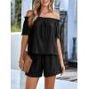 imagechouyatou Womens 2 Piece Outfit Off Shoulder Short Sleeve Blouse Tops and Elastic Waist Mini Shorts SetBlack