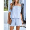 imagechouyatou Womens 2 Piece Outfit Off Shoulder Short Sleeve Blouse Tops and Elastic Waist Mini Shorts SetLight Blue