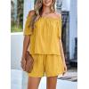 imagechouyatou Womens 2 Piece Outfit Off Shoulder Short Sleeve Blouse Tops and Elastic Waist Mini Shorts SetYellow