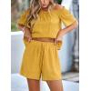 imagechouyatou Womens 2 Piece Outfit Off Shoulder Short Sleeve Blouse Tops and Elastic Waist Mini Shorts SetYellow
