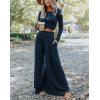 imagechouyatou Womens 2 Piece Outfits Rib Knit Long Sleeve Crop Top Sweater Wide Leg Pants Matching SetsNavy Blue