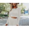 imagechouyatou Womens 2 Piece Outfits Rib Knit Long Sleeve Crop Top Sweater Wide Leg Pants Matching SetsWhite
