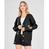 imagechouyatou Womens Cable Knit Embroidery Patchwork Cardigan V Neck Long Sleeve Open Front Button Down SweaterBlack
