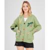 imagechouyatou Womens Cable Knit Embroidery Patchwork Cardigan V Neck Long Sleeve Open Front Button Down SweaterGreen