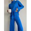 imagechouyatou Womens Casual 2 Piece Outfits Knitted Mock Neck Sweater Wide Leg Pant SetBlue