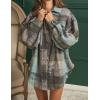 imagechouyatou Womens Casual Lapel Brushed Plaid Button Down Wool Blend Oversized Shacket Jacket Coat with PocketsBlue Gray