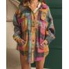 imagechouyatou Womens Casual Lapel Brushed Plaid Button Down Wool Blend Oversized Shacket Jacket Coat with PocketsRose Red