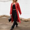 imagechouyatou Womens Casual Lapel Open Front Pu Faux Leather Long Trench Coat with BeltRed