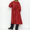 imagechouyatou Womens Casual Lapel Open Front Pu Faux Leather Long Trench Coat with BeltRed