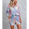 imagechouyatou Womens Floral Print 2 Piece Outfits 34 Sleeve Button Down Oversized Shirt and Shorts SetPink Blue