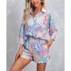 imagechouyatou Womens Floral Print 2 Piece Outfits 34 Sleeve Button Down Oversized Shirt and Shorts SetPink Blue