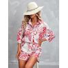 imagechouyatou Womens Floral Print 2 Piece Outfits 34 Sleeve Button Down Oversized Shirt and Shorts SetRed
