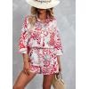 imagechouyatou Womens Floral Print 2 Piece Outfits 34 Sleeve Button Down Oversized Shirt and Shorts SetRed