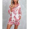 imagechouyatou Womens Floral Print 2 Piece Outfits 34 Sleeve Button Down Oversized Shirt and Shorts SetRed