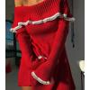 imagechouyatou Womens Off The Shoulder Bell Long Sleeve Sweater Mini Dress Lace Trim Bodycon Ribbed Knit Sweater DressRed