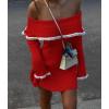 imagechouyatou Womens Off The Shoulder Bell Long Sleeve Sweater Mini Dress Lace Trim Bodycon Ribbed Knit Sweater DressRed