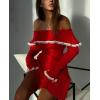 imagechouyatou Womens Off The Shoulder Bell Long Sleeve Sweater Mini Dress Lace Trim Bodycon Ribbed Knit Sweater DressRed