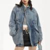 imagechouyatou Womens Oversized Stand Collar Shacket Jean Jacket Zip Up Distressed Frayed Denim Jacket CoatBlue