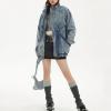imagechouyatou Womens Oversized Stand Collar Shacket Jean Jacket Zip Up Distressed Frayed Denim Jacket CoatBlue