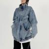 imagechouyatou Womens Oversized Stand Collar Shacket Jean Jacket Zip Up Distressed Frayed Denim Jacket CoatBlue