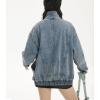 imagechouyatou Womens Oversized Stand Collar Shacket Jean Jacket Zip Up Distressed Frayed Denim Jacket CoatBlue