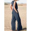imagechouyatou Womens Summer 2 Piece Outfits Vacation Linen Sleeveless Tank Top Wide Leg Pant SetsDark Blue