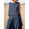 imagechouyatou Womens Summer 2 Piece Outfits Vacation Linen Sleeveless Tank Top Wide Leg Pant SetsDark Blue