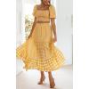 imagechouyatou Womens Summer 2 Piece Outfits Vacation Plaid Smocked Puff Sleeve Crop Top High Waisted Maxi Skirt SetsYellow