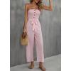 imagechouyatou Womens Summer Boho Strapless Smocked Tube Top Jumpsuits Tie Knot Wide Leg Romper PantsPink