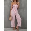 imagechouyatou Womens Summer Boho Strapless Smocked Tube Top Jumpsuits Tie Knot Wide Leg Romper PantsPink