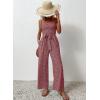 imagechouyatou Womens Summer Boho Strapless Smocked Tube Top Jumpsuits Tie Knot Wide Leg Romper PantsWine Red