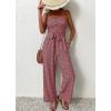 imagechouyatou Womens Summer Boho Strapless Smocked Tube Top Jumpsuits Tie Knot Wide Leg Romper PantsWine Red